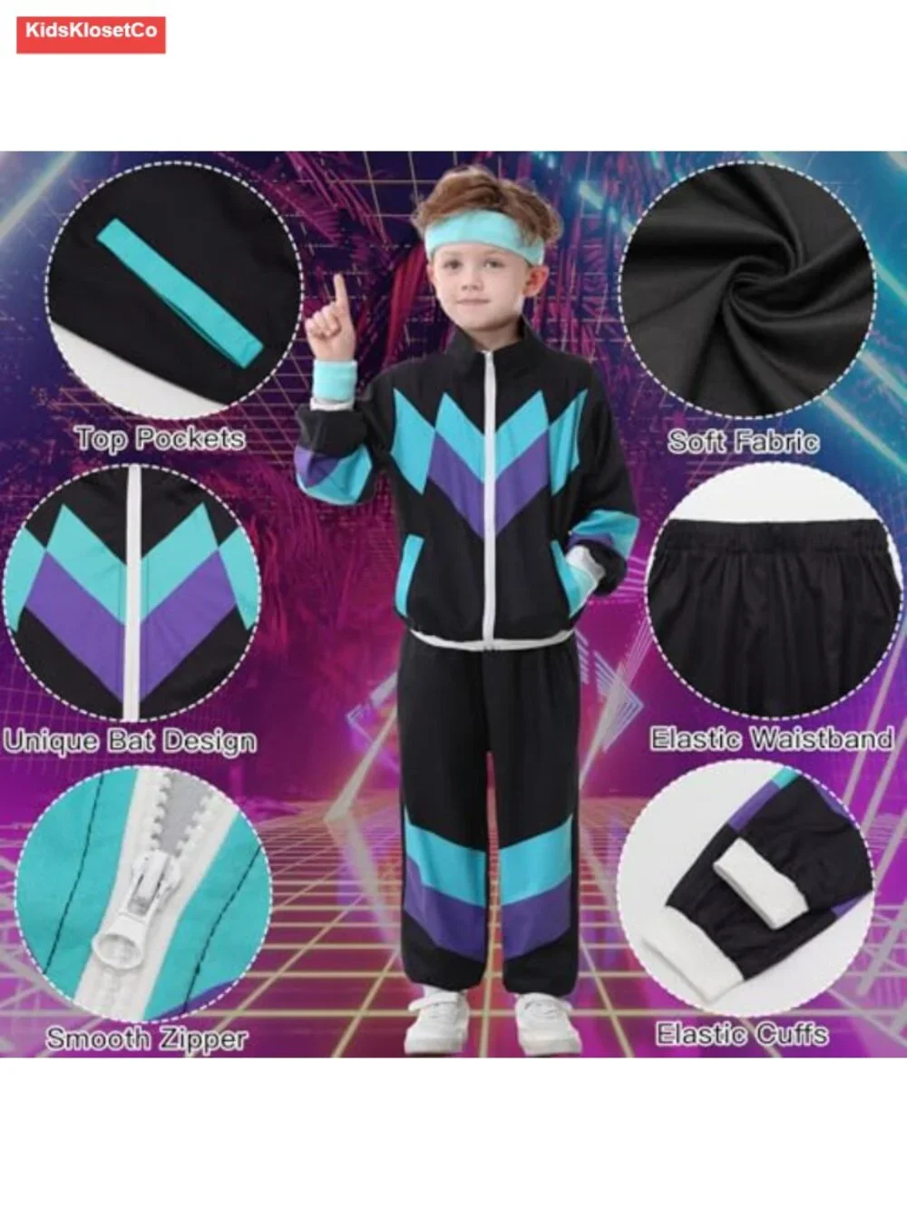 Kids 80s 90s Costume Set Unisex Tracksuit 6Pcs Retro Dance Outfit